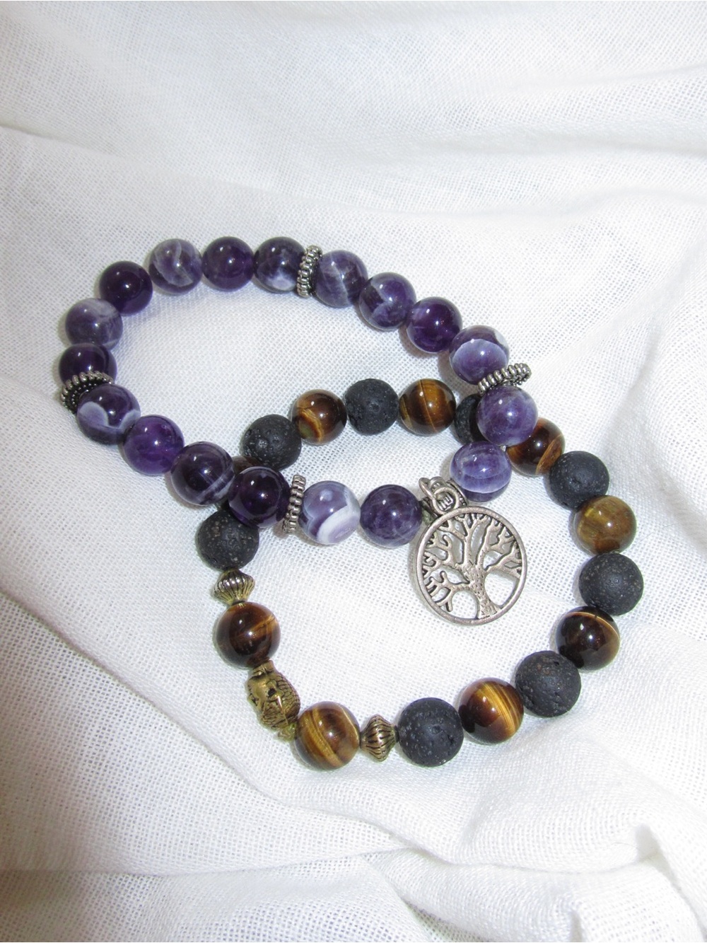 Amethyst & Tiger Eye Beaded Bracelets with Tree of Life Charm